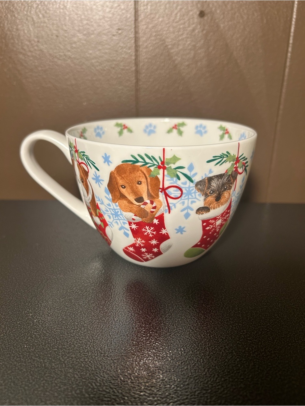 Portobello Christmas Warm Wishes Puppies in Stockings' Bone China Jumbo Cup Mug